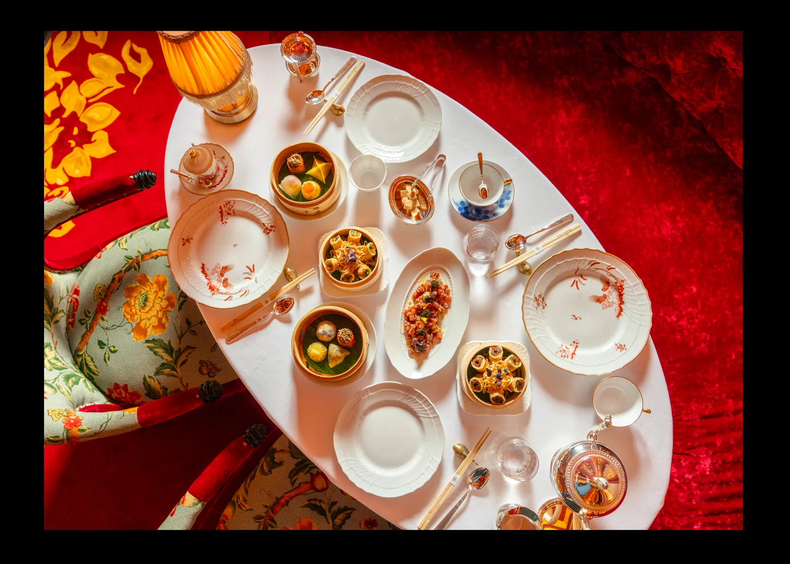 Restaurant photography in Doha: dim sum table from above at Park Chinois