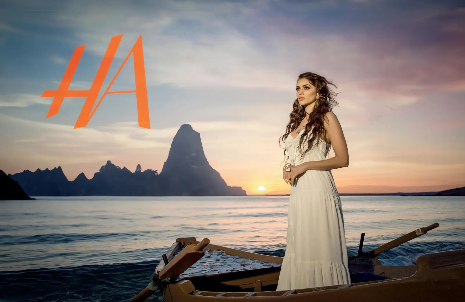 Fashion campaign in Doha: model in a flowing gown at sunset